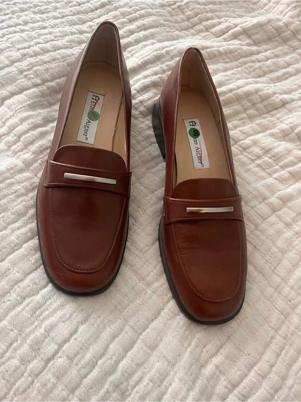 Etienne Aigner Brown Leather Penny Loafers with Silver Accent 8
